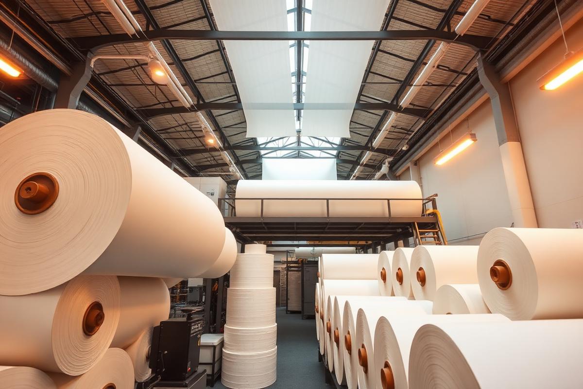 Charu Papers manufacturing facility with large paper rolls